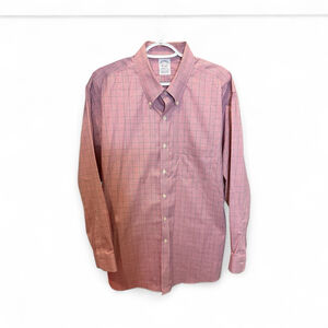 Mens Brooks Brothers Button Down Neck 17.5 Red Pink Plaid Regent Fit Dress Shirt